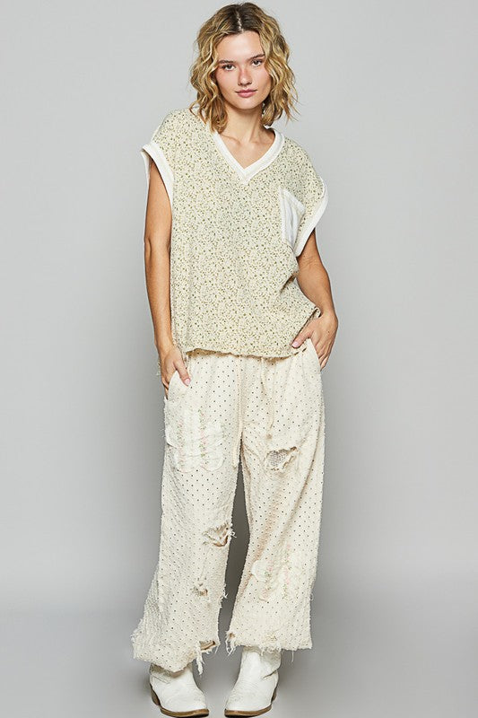 POL Women's Almond/Ivory Floral V-Neck Top with Short Sleeve