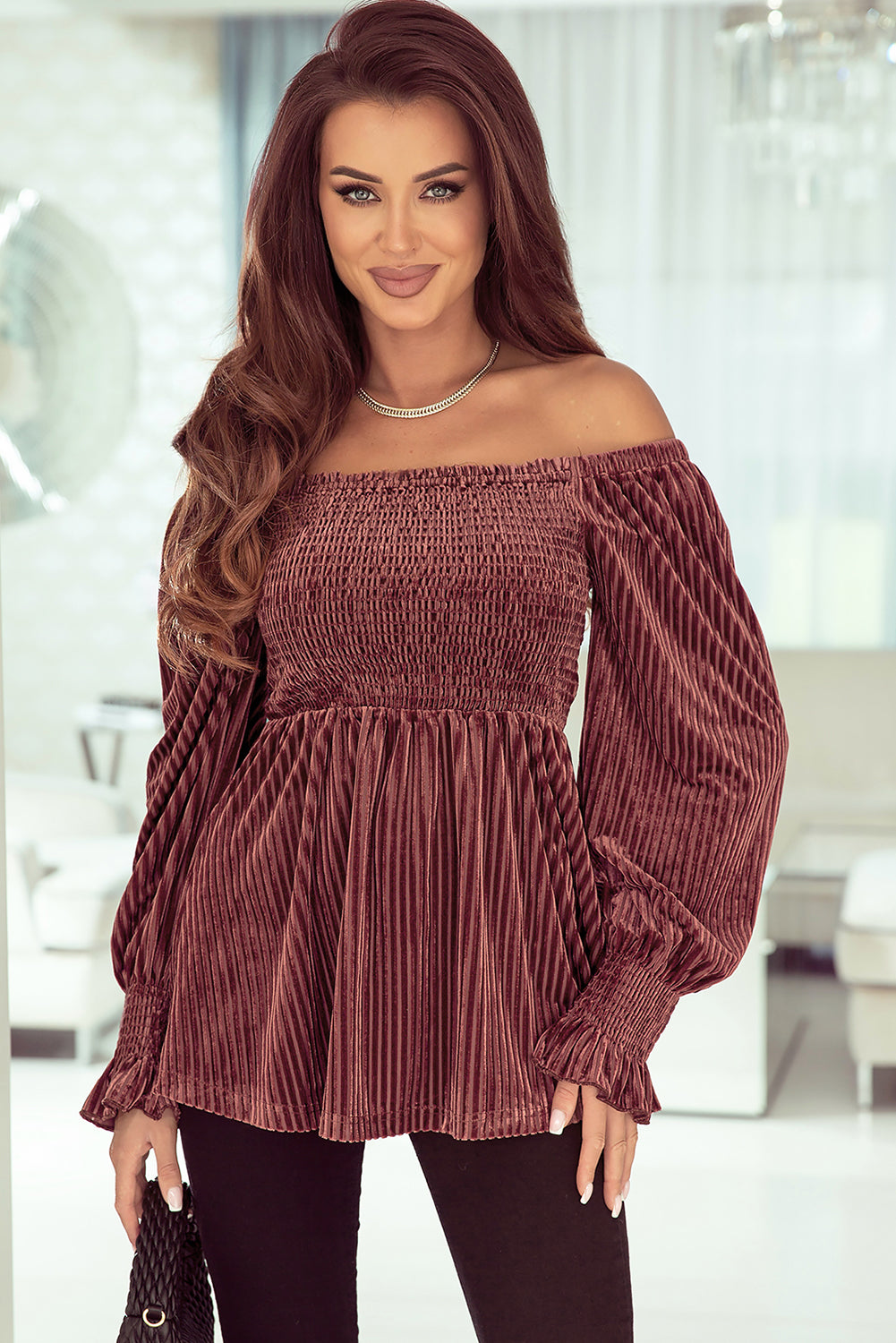 Brown Tie Back Square Neck Velvet Babydoll Dress