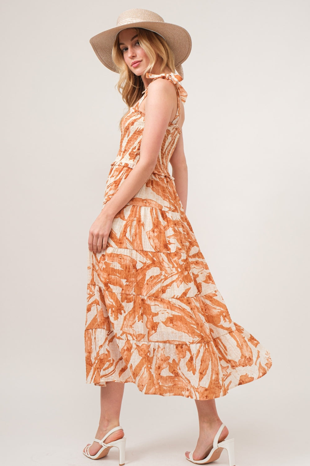 AND THE WHY Hazelnut Tie Shoulder Smocked Midi Tiered Dress