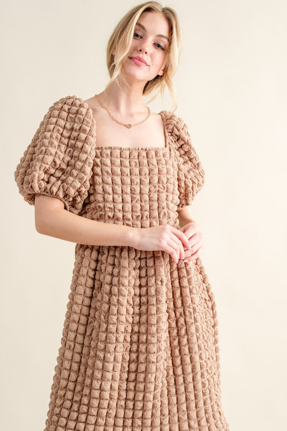 And The Why Women's Full Size Latte Square Neck Puff Sleeve Dress