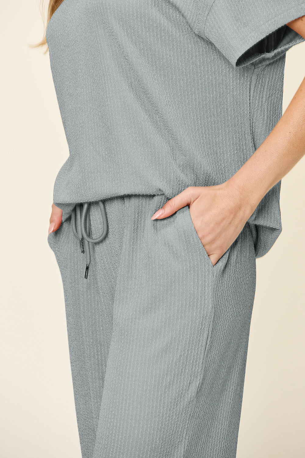 DOUBLE TAKE Full Size Texture Round Neck Short Sleeve T-Shirt and Wide Leg Pants