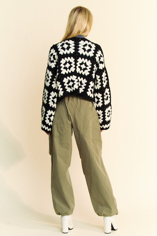DAVI & DANI Full Size Two Tone Flower Square Crochet Open Front Cardigan