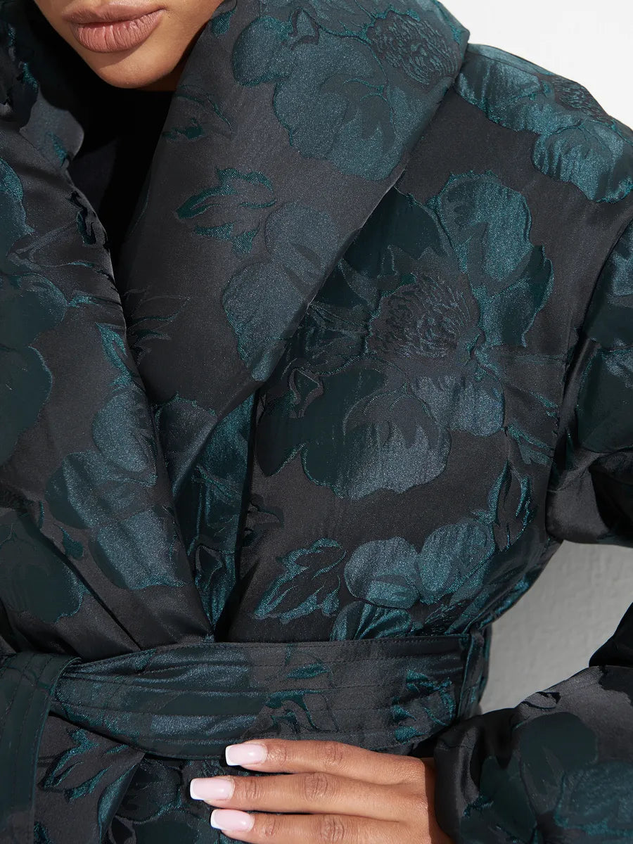 Monochrome Jacquard Down Coat in Vintage Emerald