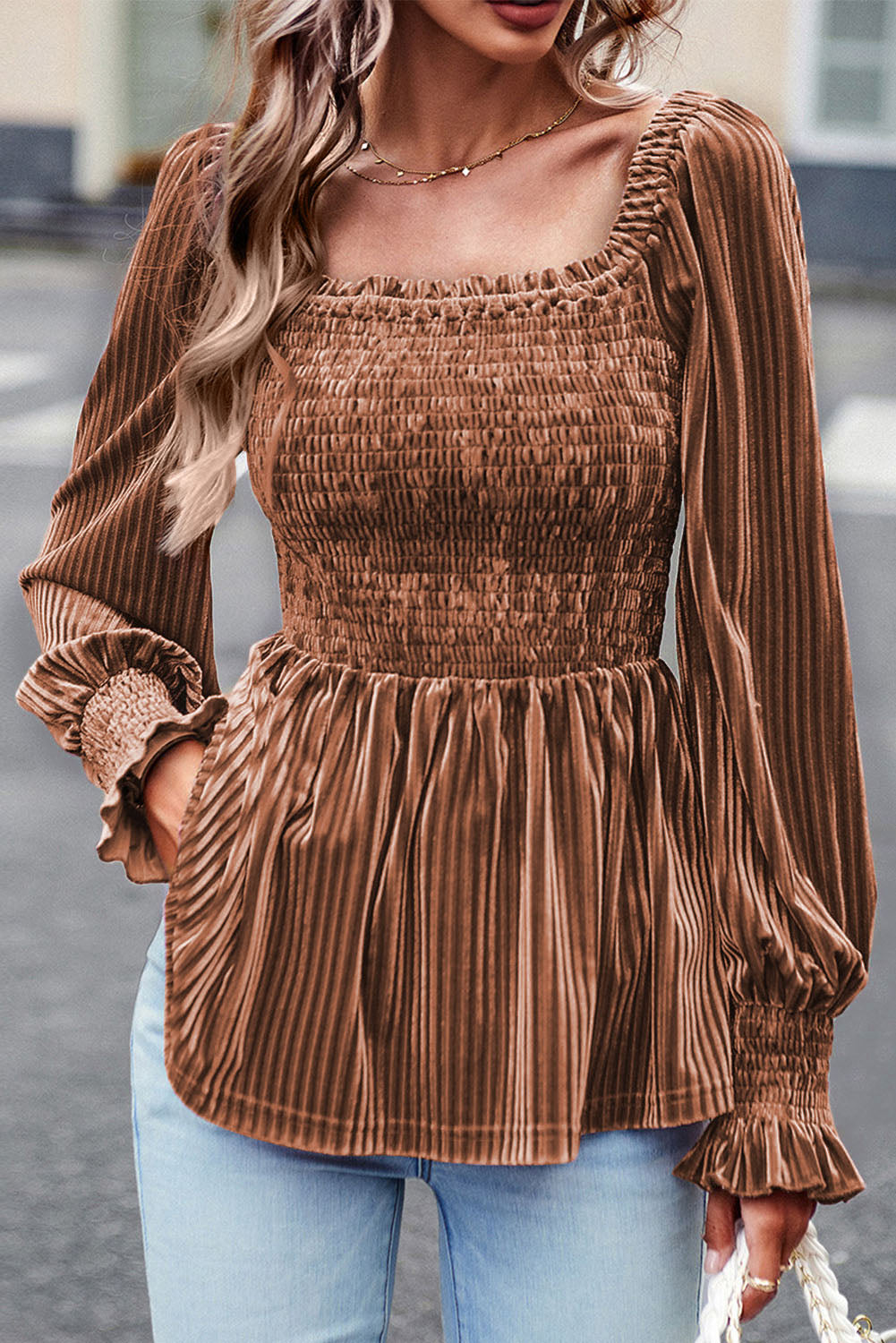 Brown Tie Back Square Neck Velvet Babydoll Dress