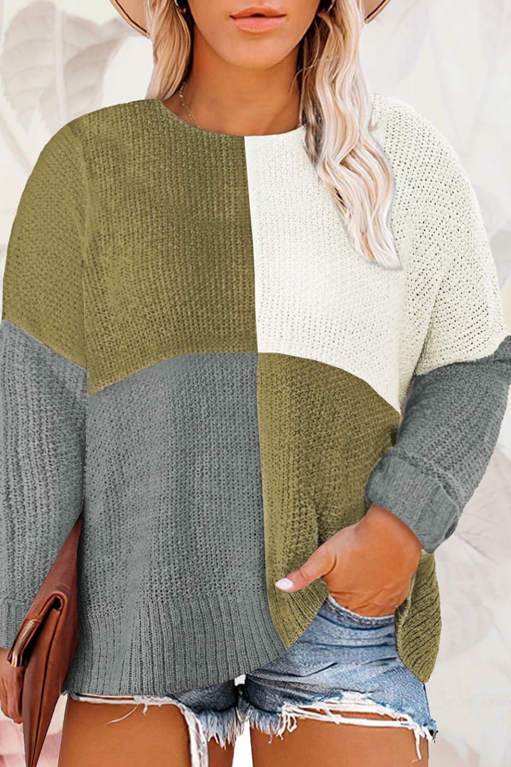 SYNZ Plus Size Color Block Round Neck Sweater