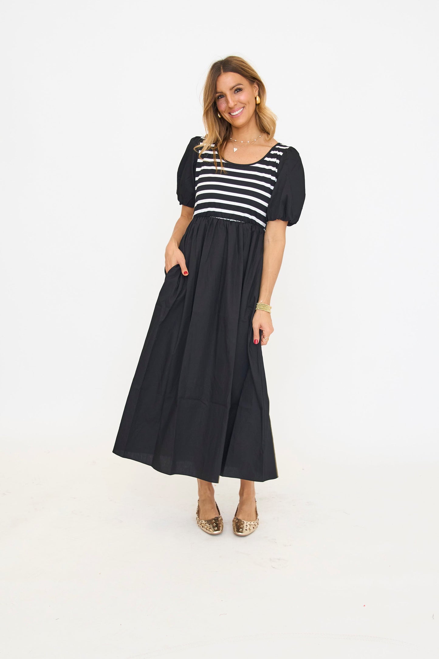 ANNIEWEAR Women's Balloon Sleeve Mixed Media Midi Dress