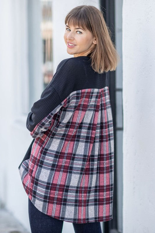Plaid Back Waffle Knit Cardigan