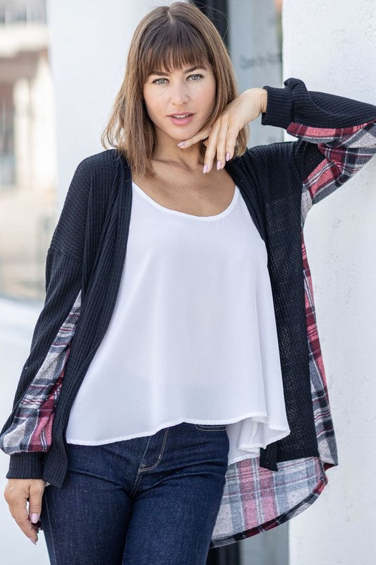 Plaid Back Waffle Knit Cardigan