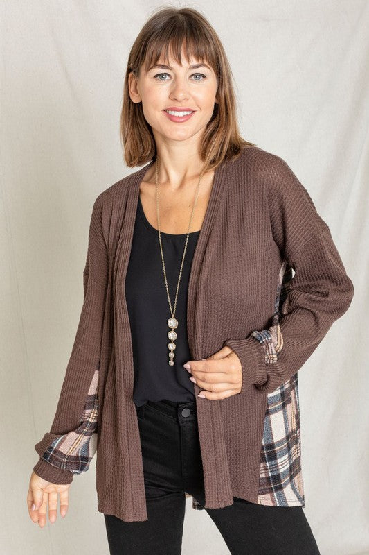 Plaid Back Waffle Knit Cardigan