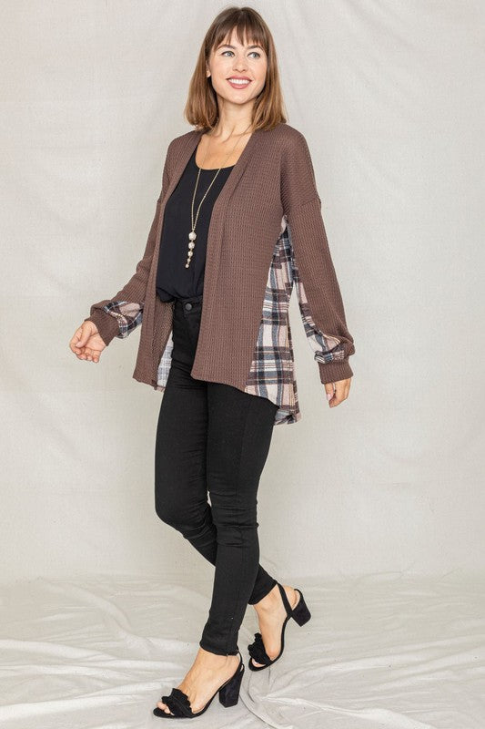 Plaid Back Waffle Knit Cardigan
