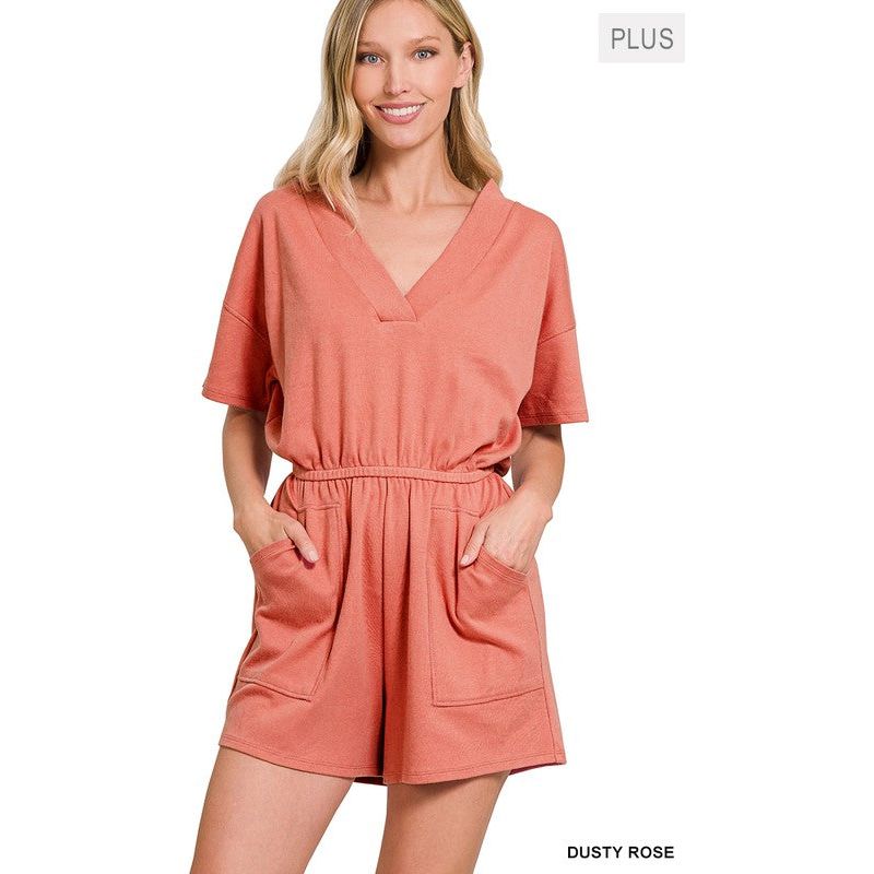 PLUS DROP SHOULDER V-NECK ROMPER WITH POCKETS