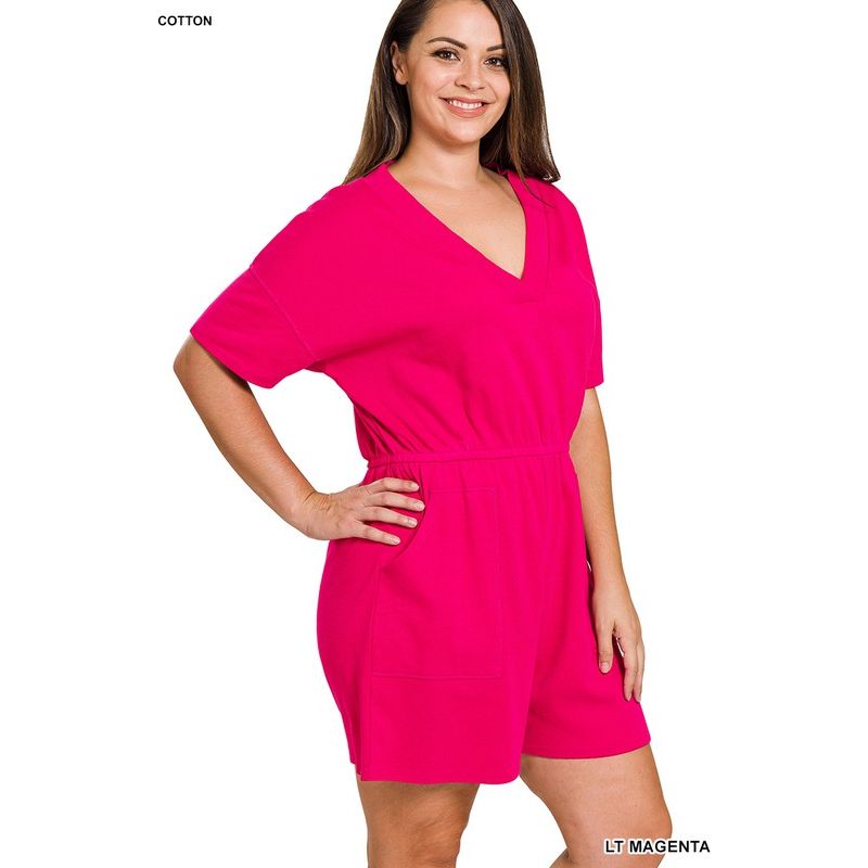 PLUS DROP SHOULDER V-NECK ROMPER WITH POCKETS