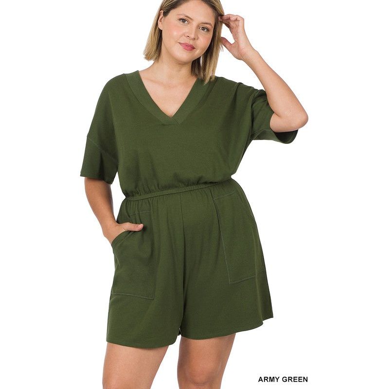 PLUS DROP SHOULDER V-NECK ROMPER WITH POCKETS