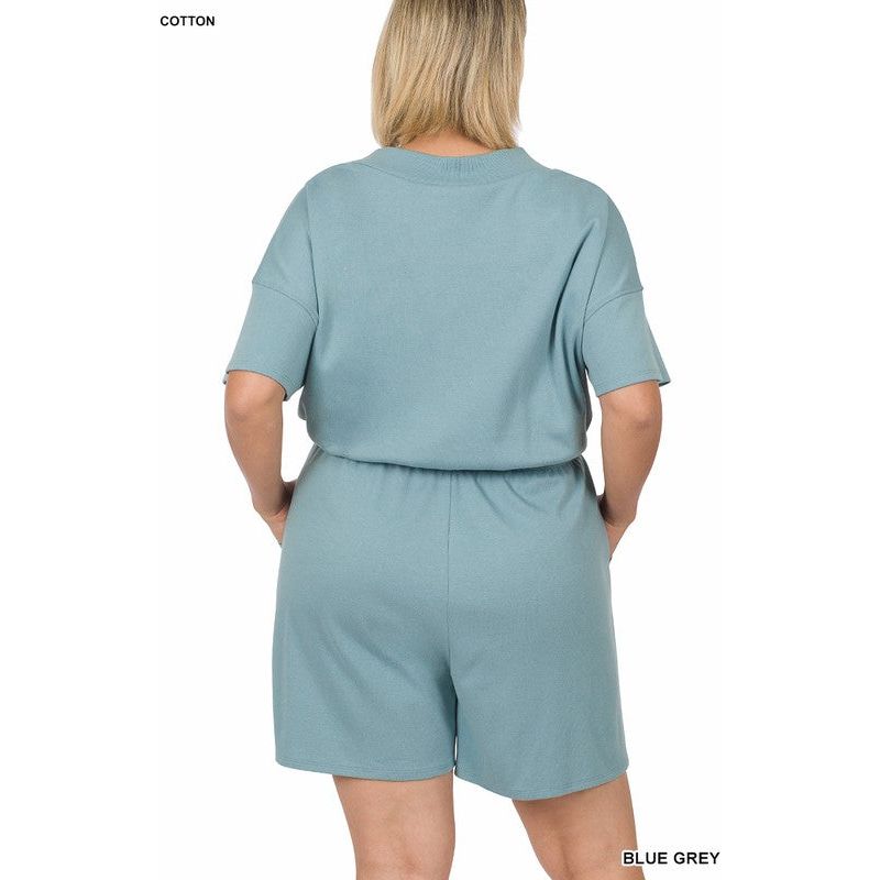 PLUS DROP SHOULDER V-NECK ROMPER WITH POCKETS
