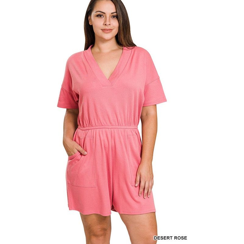 PLUS DROP SHOULDER V-NECK ROMPER WITH POCKETS