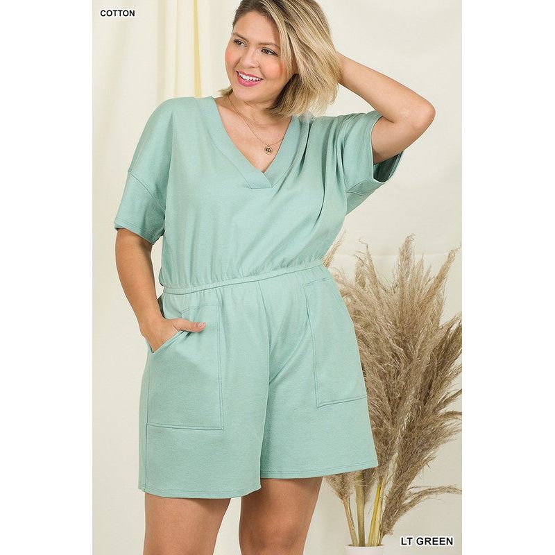 PLUS DROP SHOULDER V-NECK ROMPER WITH POCKETS