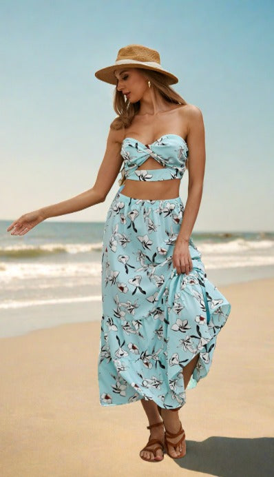 ANNVA USA 2 Pieces Floral Long Flare Skirt and Top Set