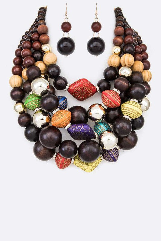 Mix Wooden Beads Statement Layer Necklace Set