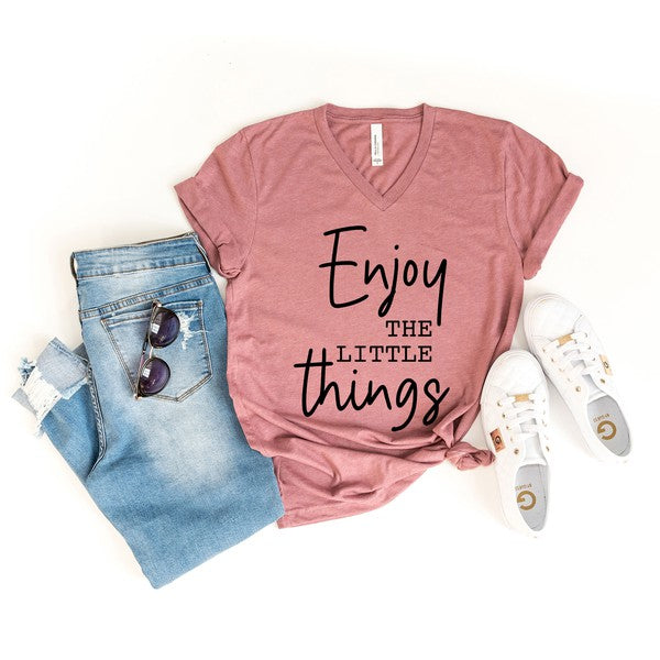 Olive & Ivory Women's "Enjoy the Little Things" Script Graphic V-Neck Tee