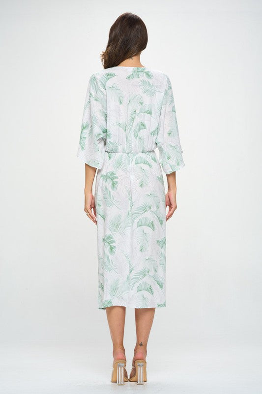 RENEE C. Tropical Leaf Print Kimono Dress with Front Twist