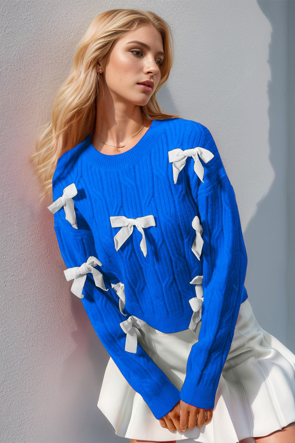 DOUBLE Full Size Bow Cable-Knit Round Neck Sweater