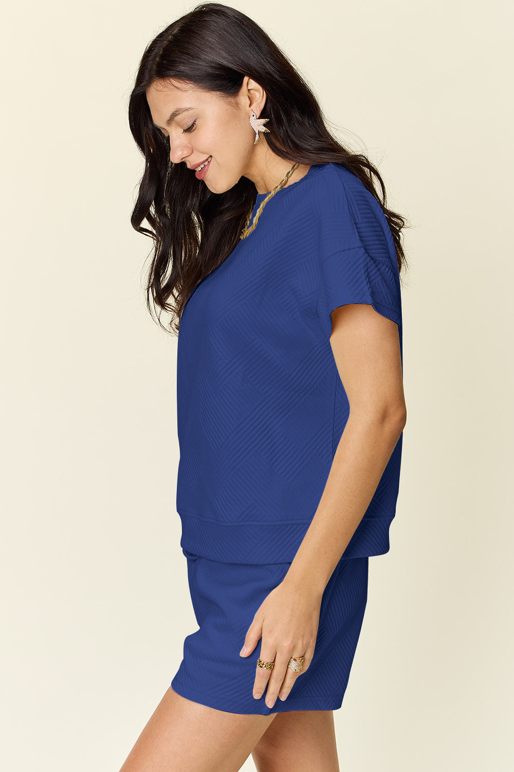 DOUBLE TAKE Full Size Texture Short Sleeve T-Shirt and Drawstring Shorts Set
