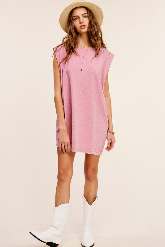 LA MIEL Mineral Washed Sleeveless Mini Dress with Side Pockets