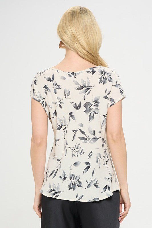 Renee C. Women Floral Print Linen Professional Top with Cowl Neck