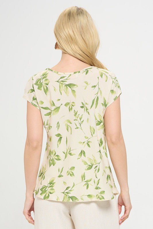 Renee C. Women's Floral Print Linen Sophisticated Top with Cowl Neck