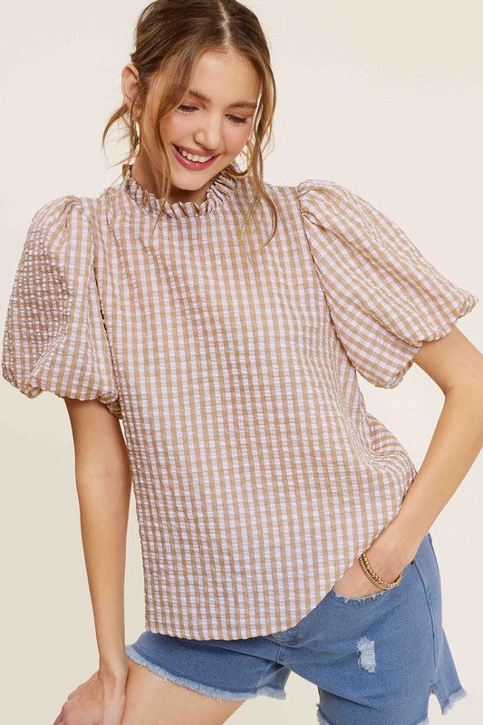 LA MIEL Women's Gingham Check Print Puff Short Sleeves Casual Top