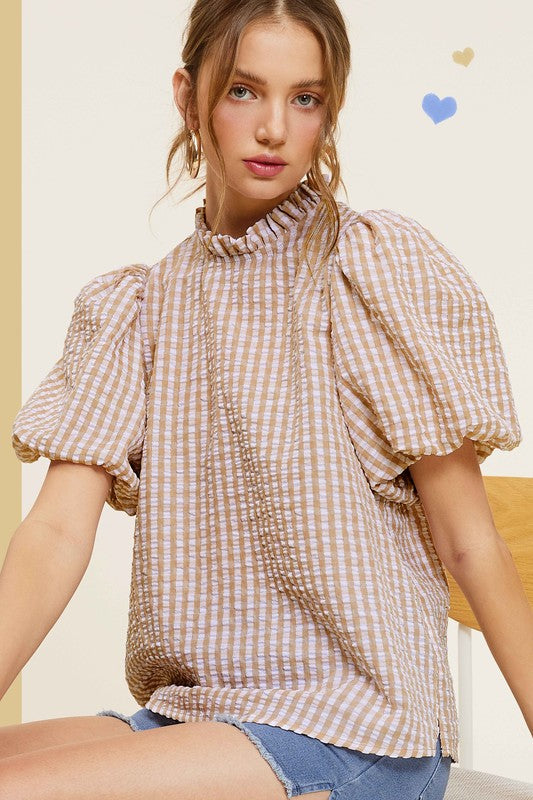 LA MIEL Women's Gingham Check Print Puff Short Sleeves Casual Top