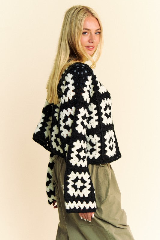 DAVI & DANI Full Size Two Tone Flower Square Crochet Open Front Cardigan