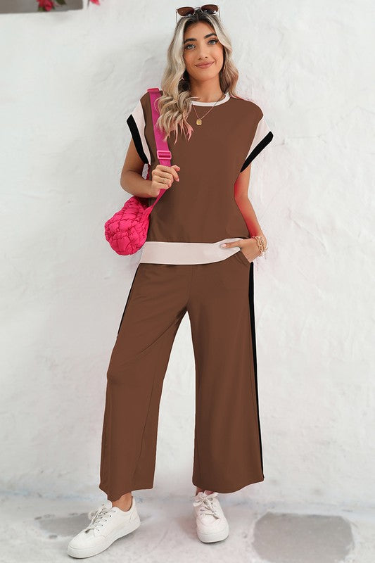 Color Block Detail Casual Two-piece Outfit