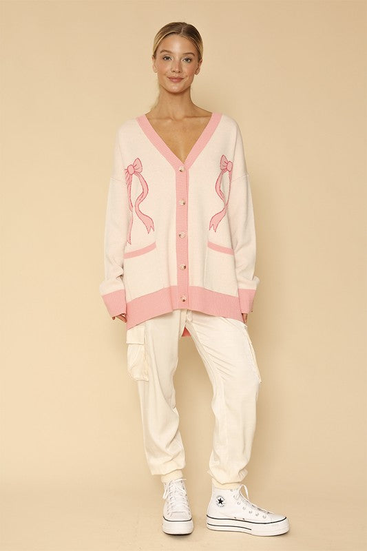 MISS SPARKLING Women's Buttoned-down Varsity Bow Knit Cardigan