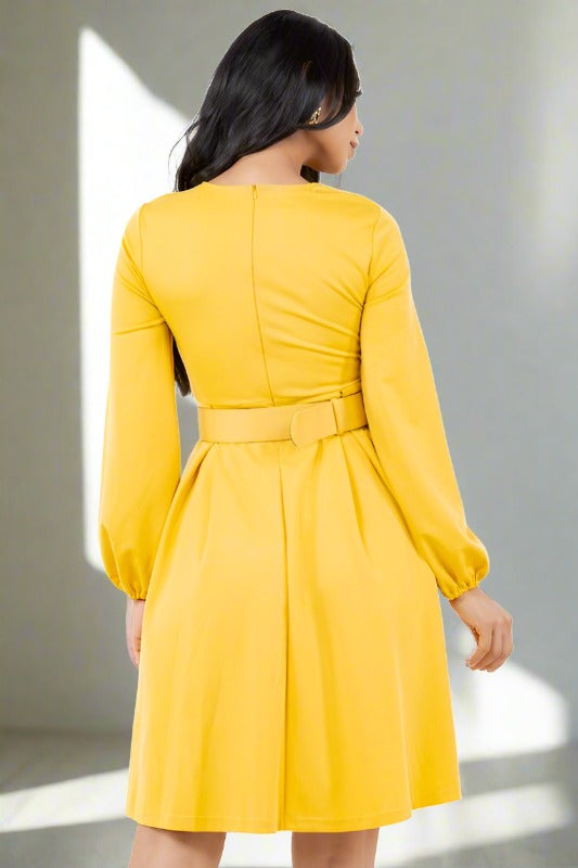 BY CLAUDE Yellow A-line Midi Dress with Belt