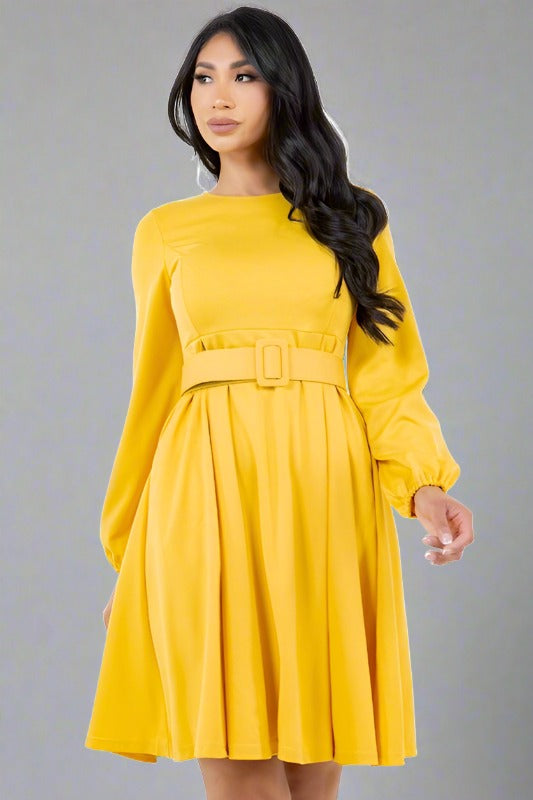 BY CLAUDE Yellow A-line Midi Dress with Belt