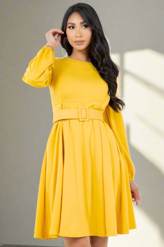 BY CLAUDE Yellow A-line Midi Dress with Belt