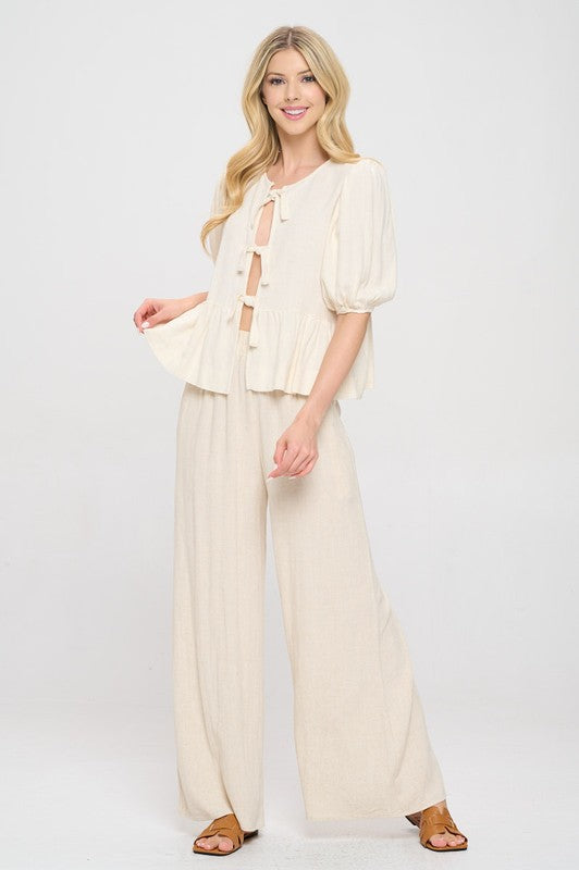 RENEE C. Linen Puff Sleeve Top with Front Bow