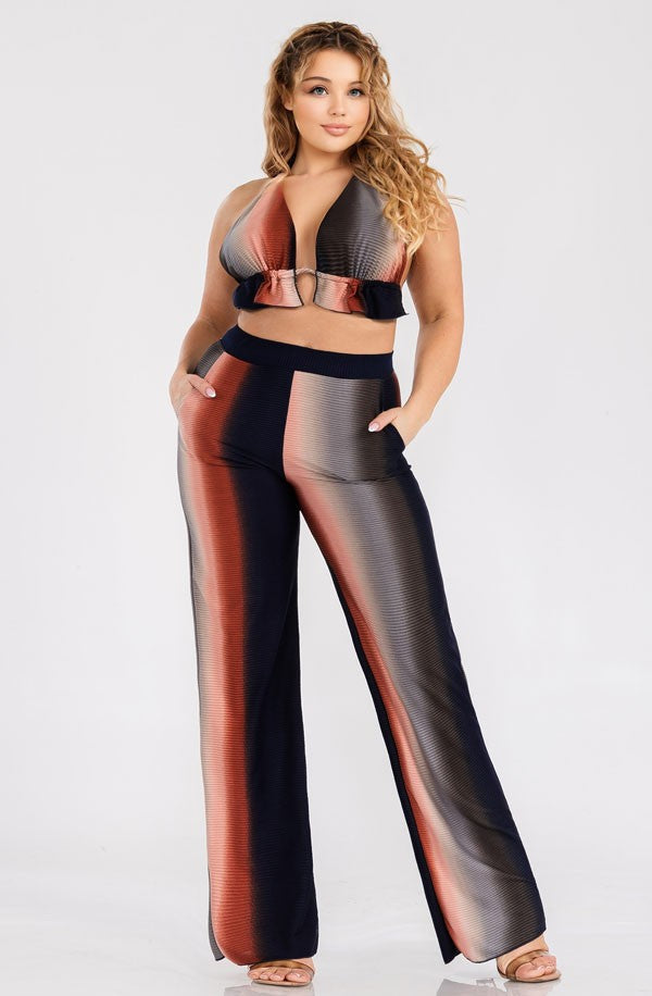 Women's 3 Piece Ombre Plus Size Three Piece Rib Crop Top Pant Set With Cardigan