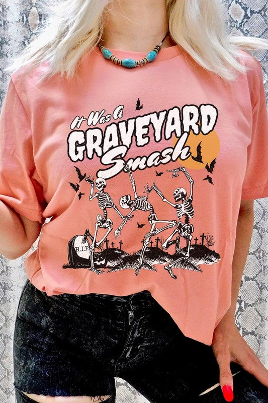 Color-bear Women's "Graveyard Smash Skeleton" Halloween Graphic Tee