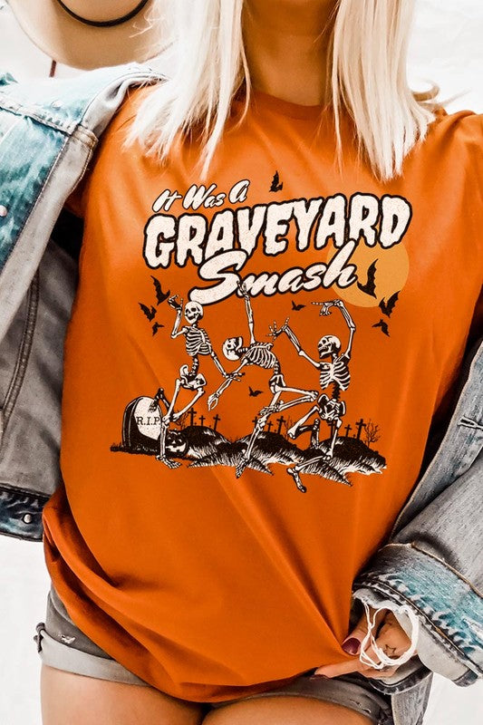 Color-bear Women's "Graveyard Smash Skeleton" Halloween Graphic Tee