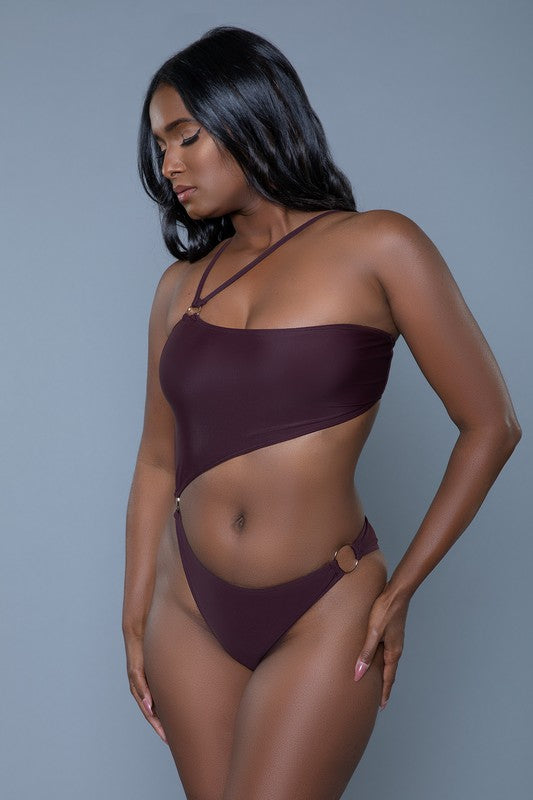 Wicked Women's Sexy Cutout One Shoulder One-Piece Swimsuit in Color Chocolate
