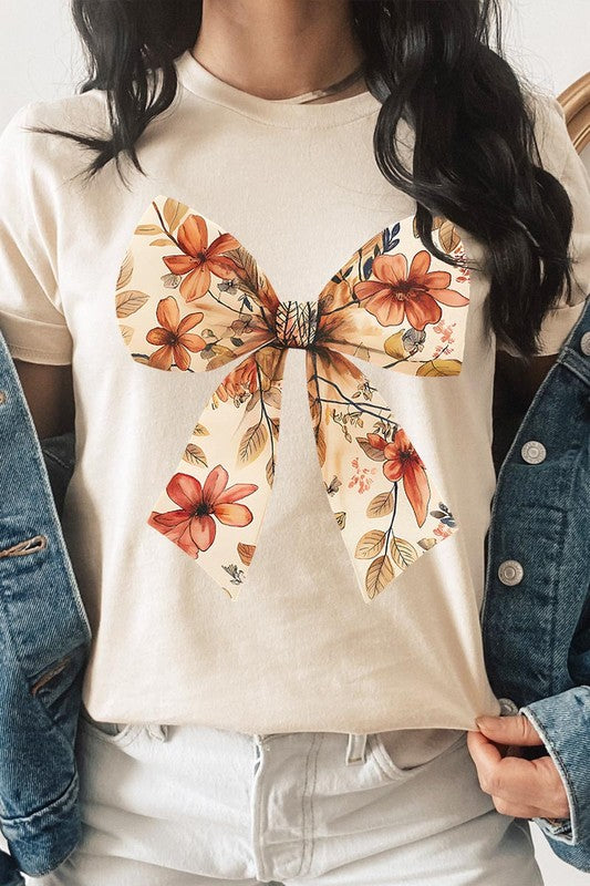 Color-Bear Women's Autumn Bow Graphic Tee with Short Sleeves