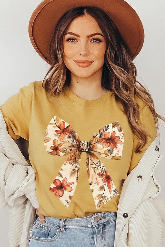 Color-Bear Women's Autumn Bow Graphic Tee with Short Sleeves