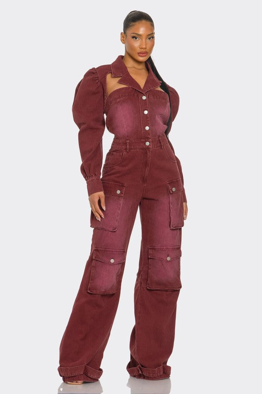 Athina Stylish Women's Burgundy Vintage Inspired Utility Cargo Jumpsuit