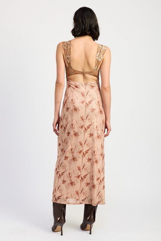 EMORY PARK Brown Floral Lace Contrast Maxi Dress