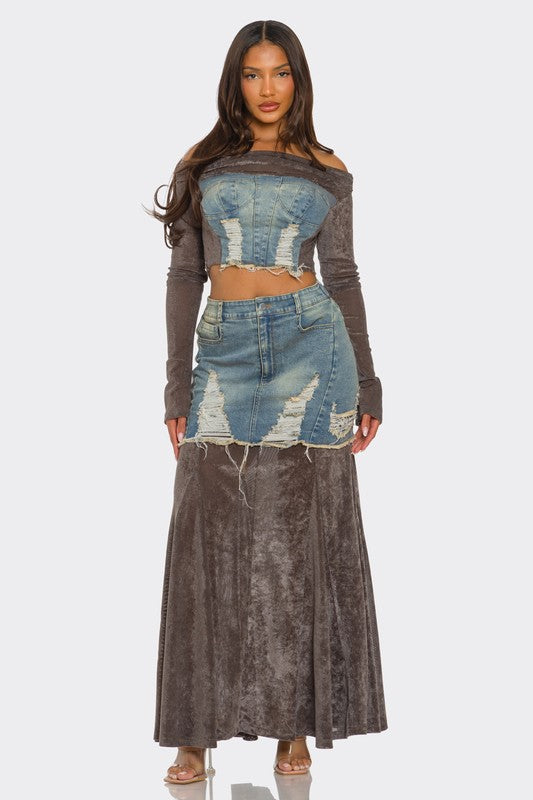ATHINA Women's 2 Piece Ensemble Velvet-Denim Fusion Set