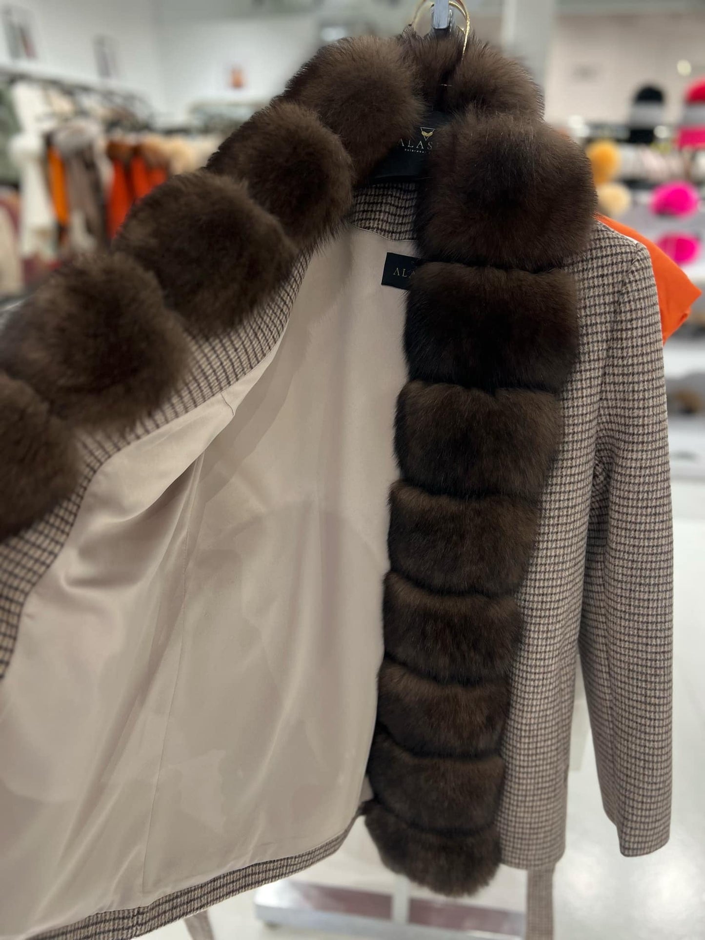 Genuine Polar Fox Fur Virgin Wool Coat in Dark Beige
