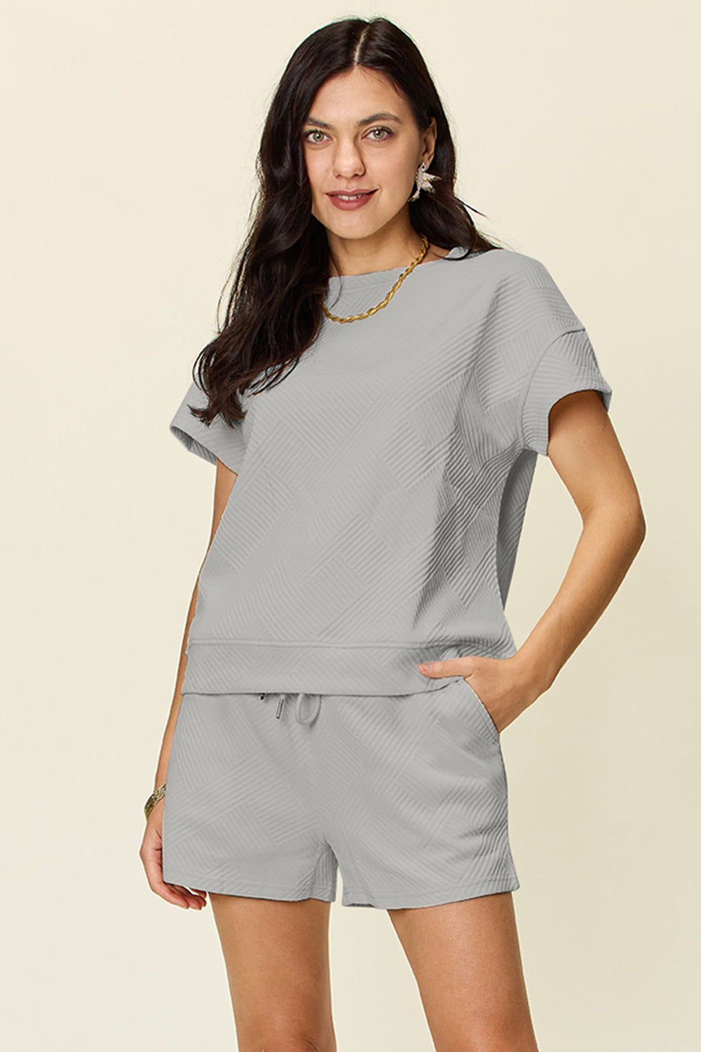 DOUBLE TAKE Full Size Texture Short Sleeve T-Shirt and Drawstring Shorts Set