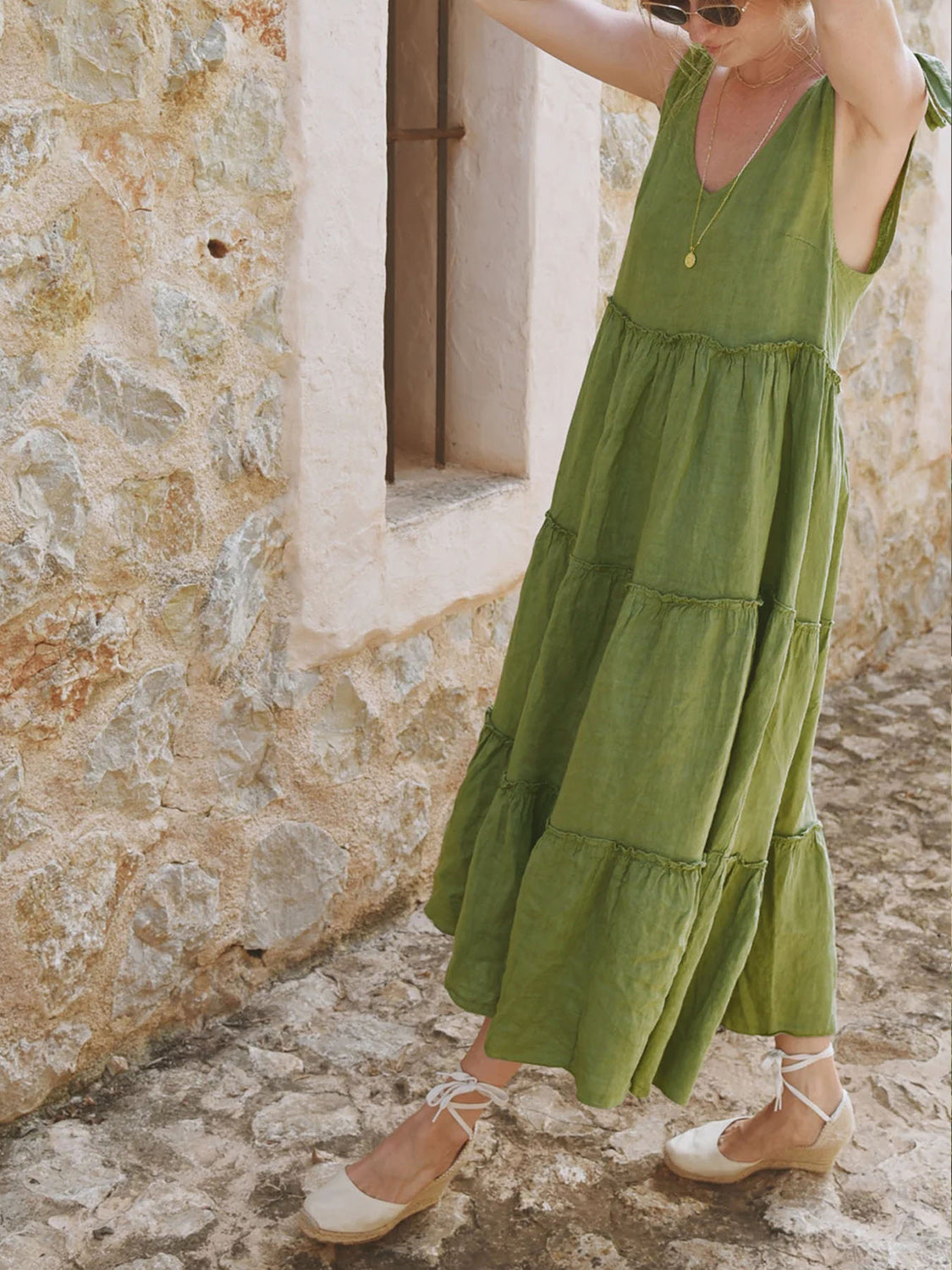 Green Tiered Boho V-Neck Sleeveless Dress